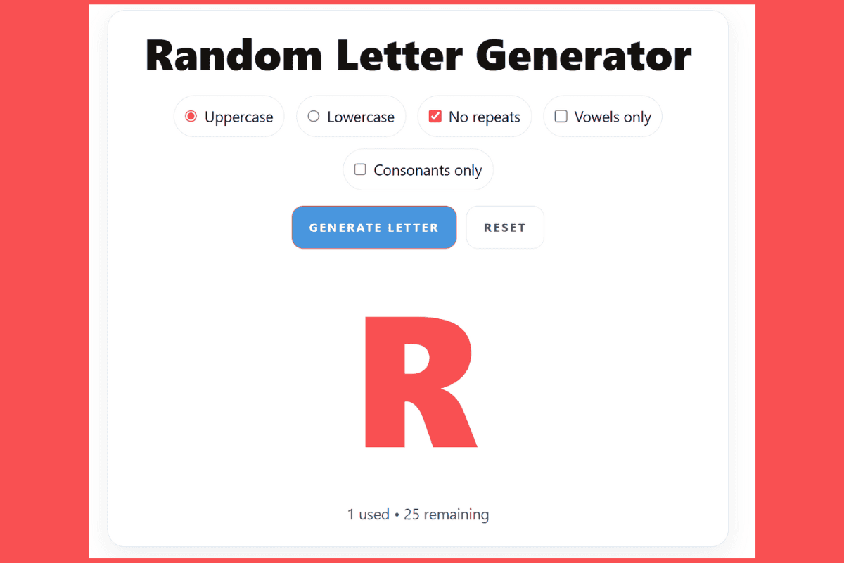 Screenshot of a random letter generator tool with options for uppercase, lowercase, vowels only, and consonants only. The letter "R" is displayed in bold red.