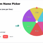 Random name picker wheel showing six names (Alice, Bob, Charlie, Daisy, Ethan, Fiona). The wheel is divided into colorful segments with an arrow at the top pointing to the winner, Daisy.