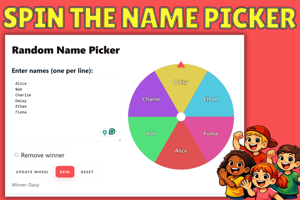 Spin the name picker wheel tool with colorful selection spinner and happy cartoon kids choosing a random winner