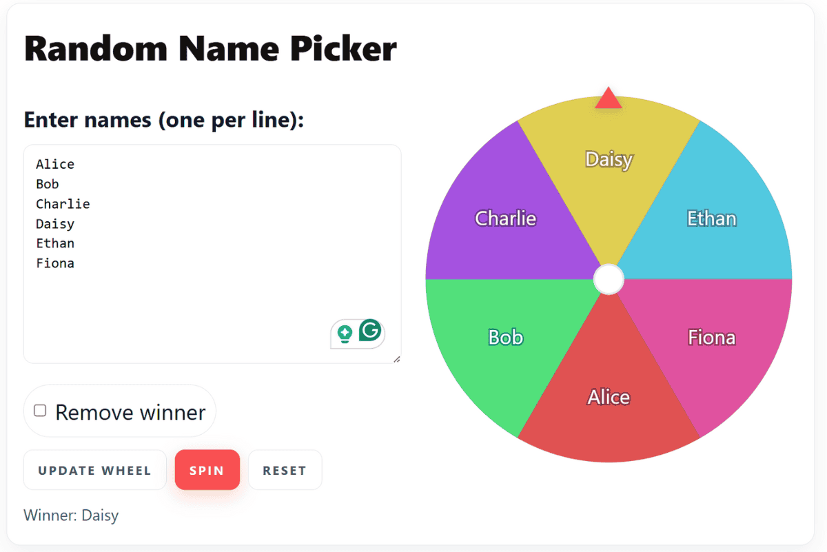 Random name picker wheel showing six names (Alice, Bob, Charlie, Daisy, Ethan, Fiona). The wheel is divided into colorful segments with an arrow at the top pointing to the winner, Daisy.