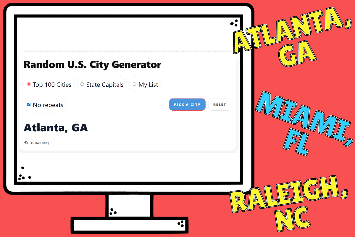 Random U.S. city generator with cities Atlanta, Miami, and Raleigh