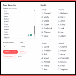 Random team picker tool displayed on a red background, showing student names entered and results divided into four randomized groups.