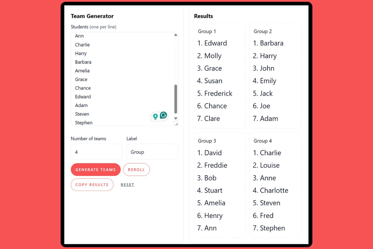 Random team picker tool displayed on a red background, showing student names entered and results divided into four randomized groups.
