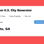 Random U.S. City Generator showing Atlanta, GA selected from the top 100 cities list.