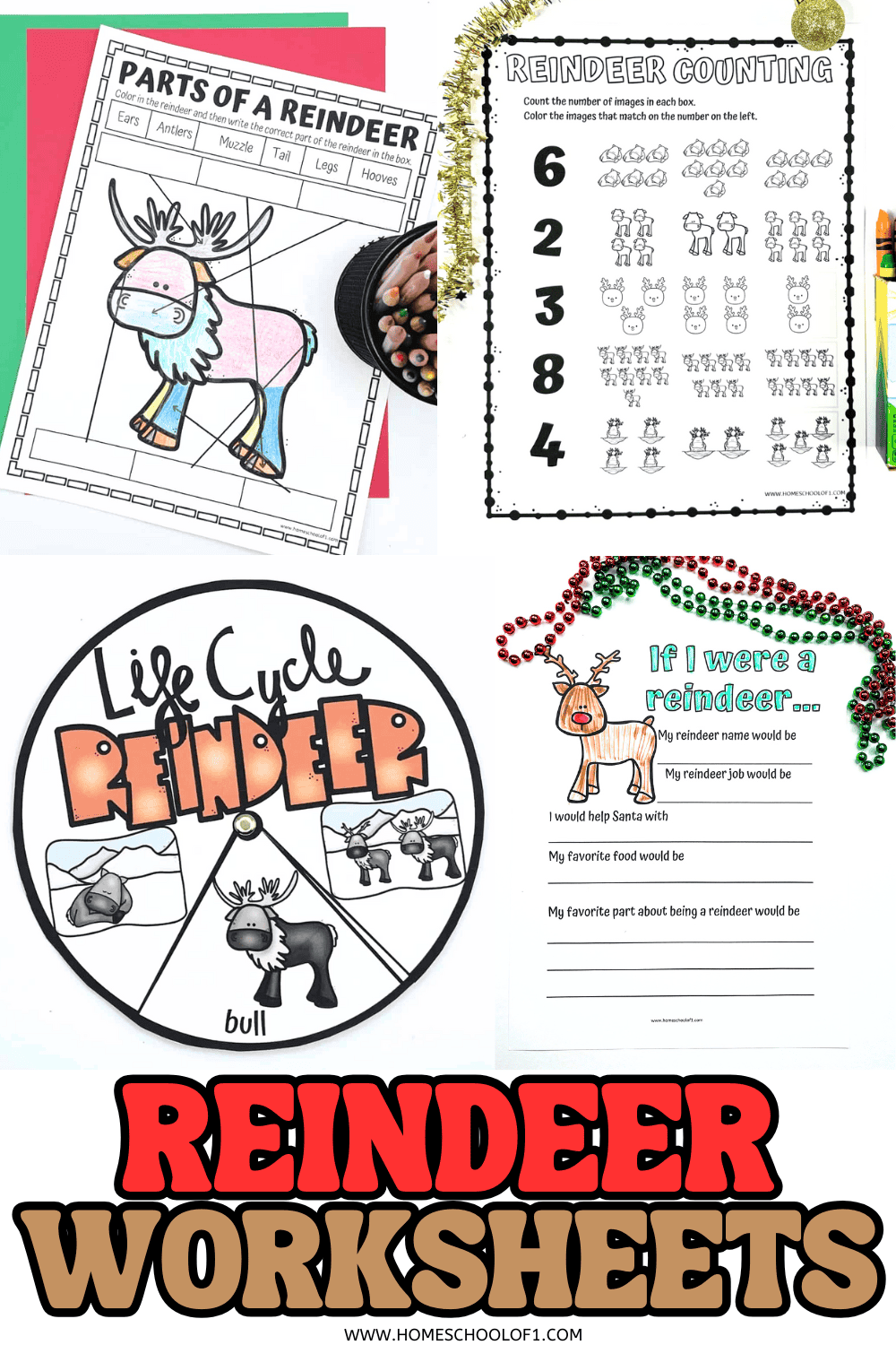 Collection of printable reindeer worksheets for kids including parts of a reindeer, counting activity, life cycle spinner, and creative writing prompt.