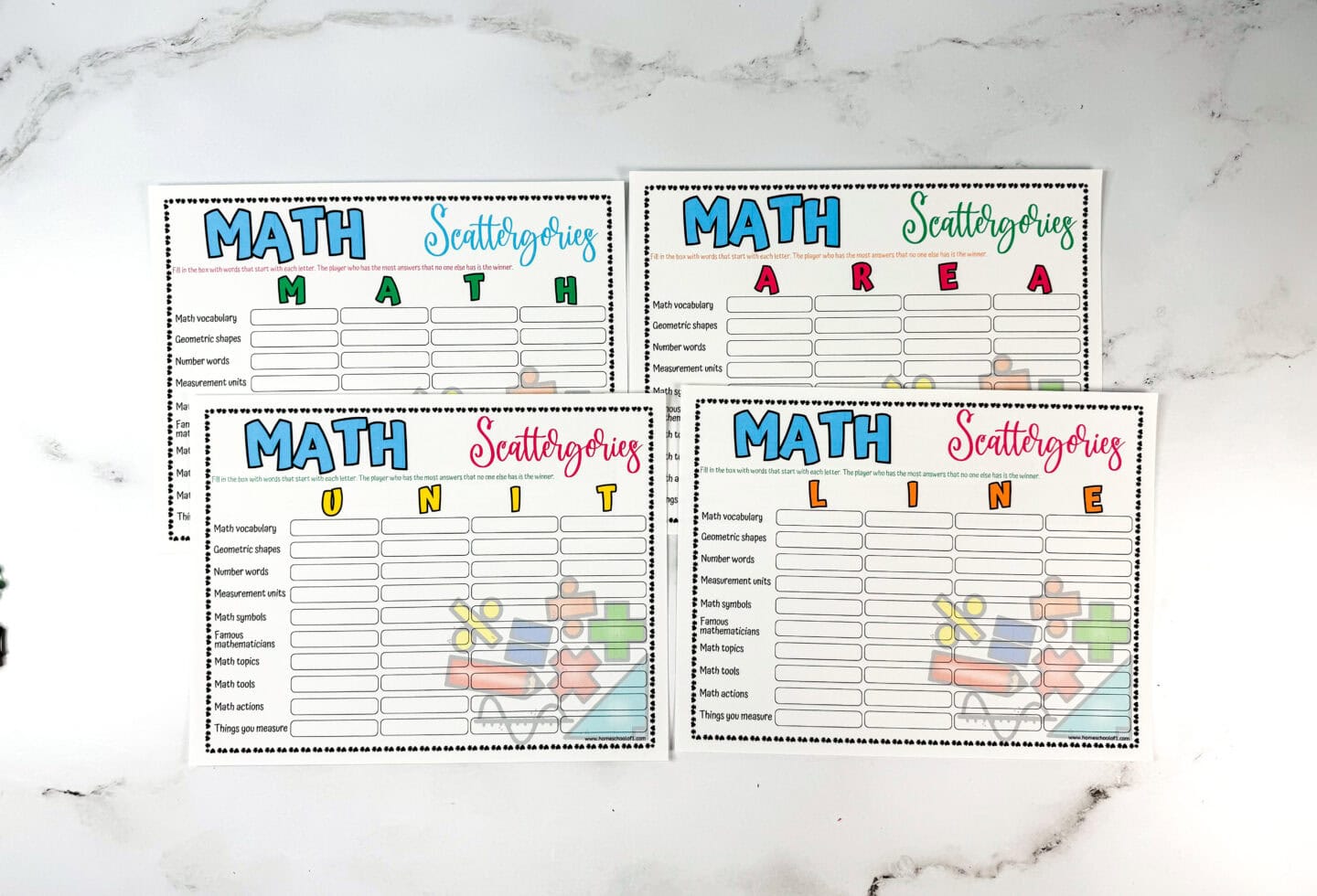 Four printable Math Scattergories game boards arranged on a white surface. Each board features ten math-related categories and large colorful letter sets at the top: MATH, AREA, UNIT, and LINE.