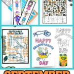 Printable September activities for kids featuring Roald Dahl bookmarks, pirate I Spy game, September word search, and Grandparents Day coloring pages.