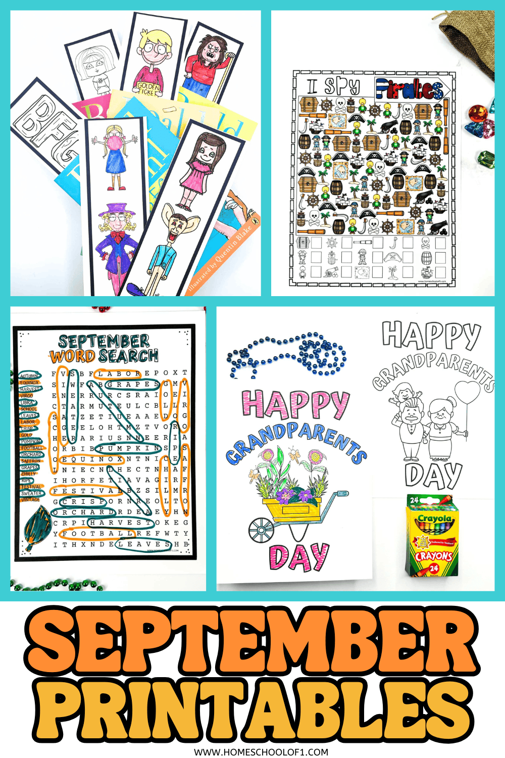Printable September activities for kids featuring Roald Dahl bookmarks, pirate I Spy game, September word search, and Grandparents Day coloring pages.

