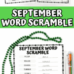 Side-by-side versions of September word scramble printable with green and red apple icons.