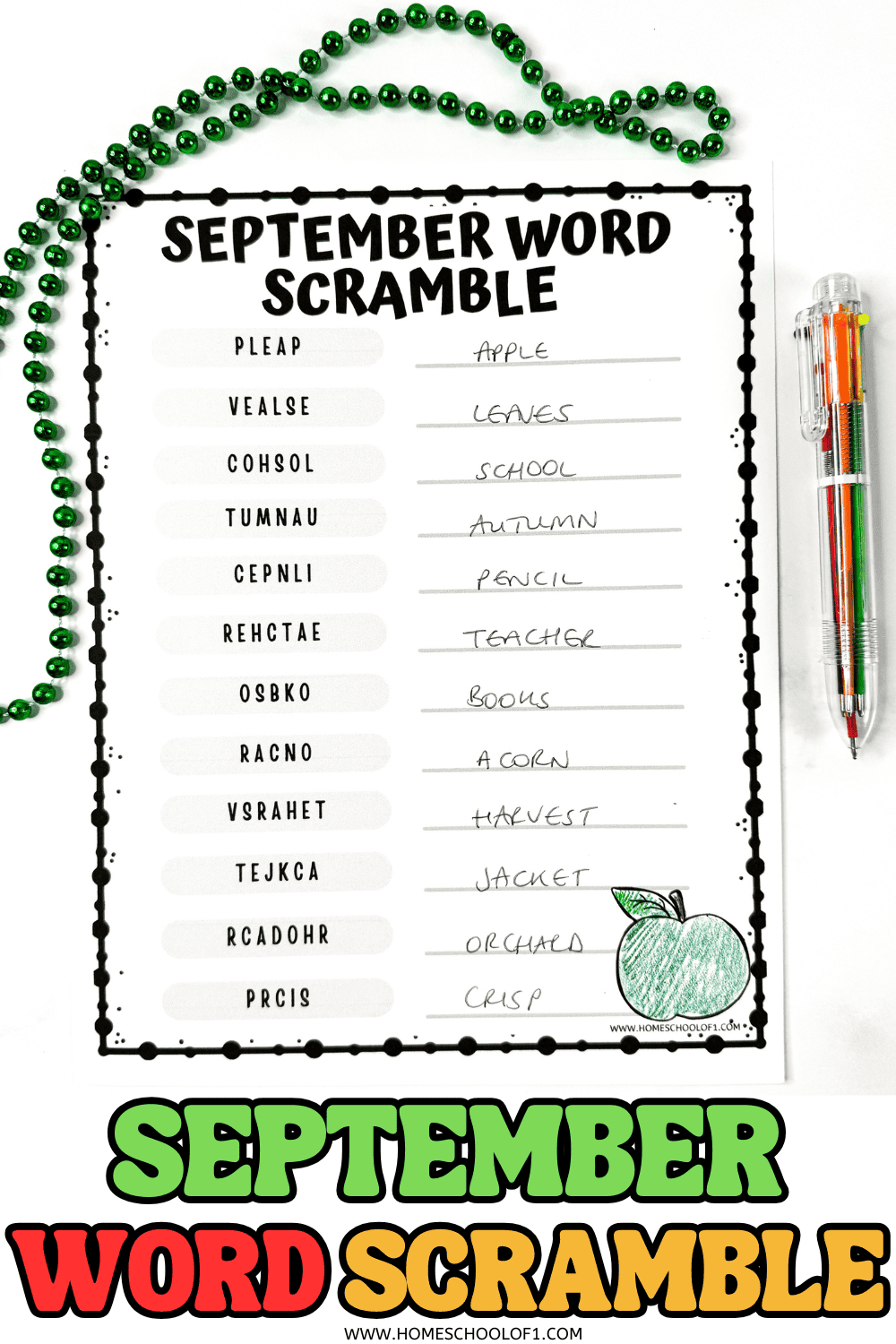 September word scramble printable worksheet with pencil-written answers and green apple coloring.
