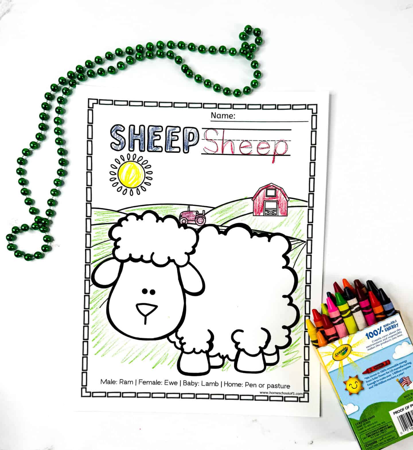 Printable sheep coloring page for children showing cartoon sheep in a pasture with barn and tractor, bubble word “SHEEP” in black, traceable name, and male, female, baby, and home terms.