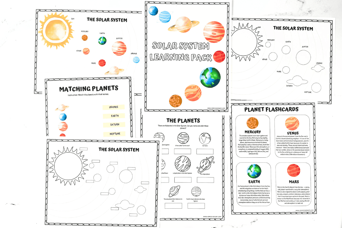 Solar system activity worksheets pack with posters, cut-and-paste activities, matching pages, and planet flashcards.
