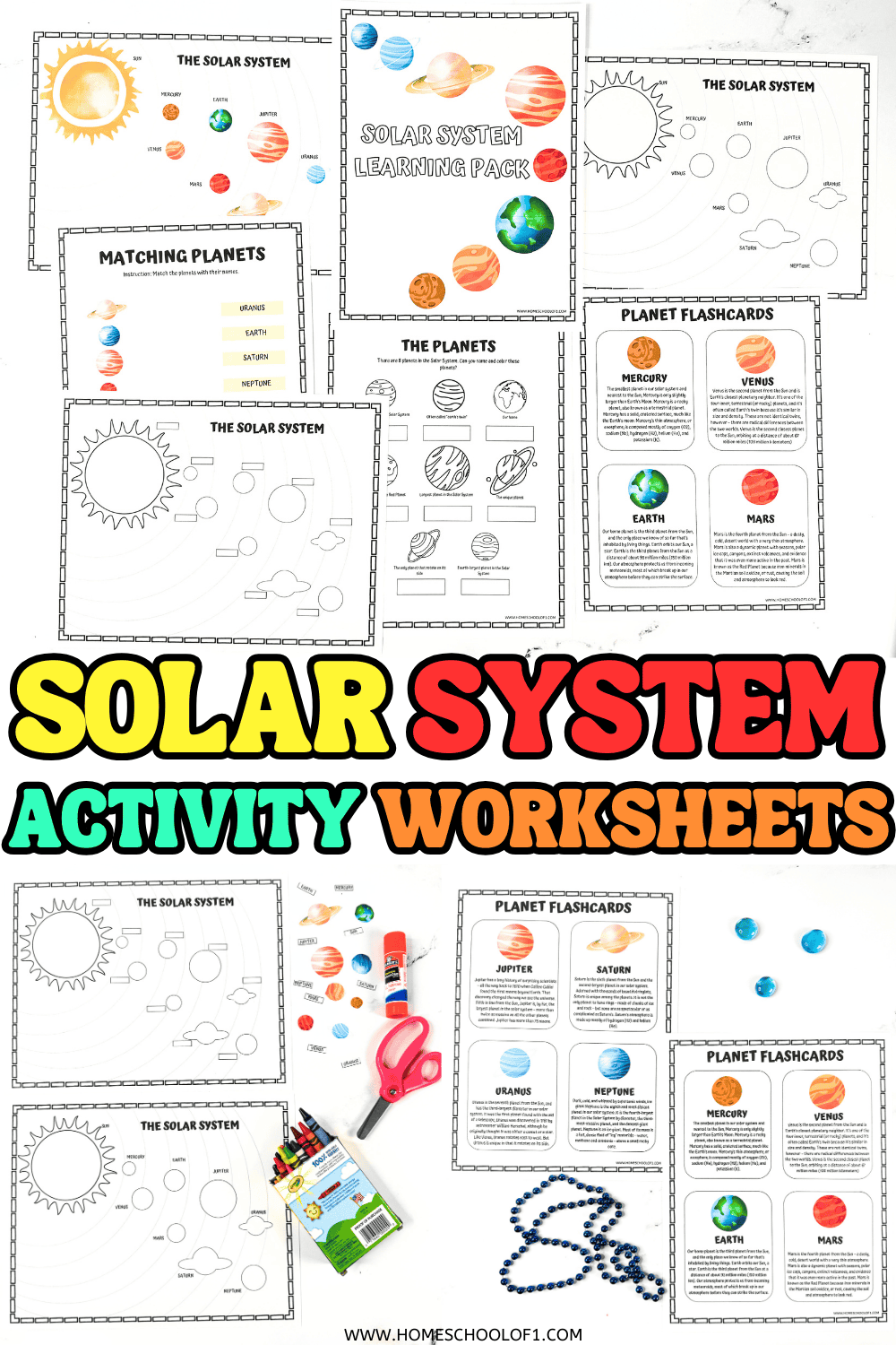 Printable solar system activity worksheet with cut-and-paste planets, crayons, and scissors for kids ages 5–9.