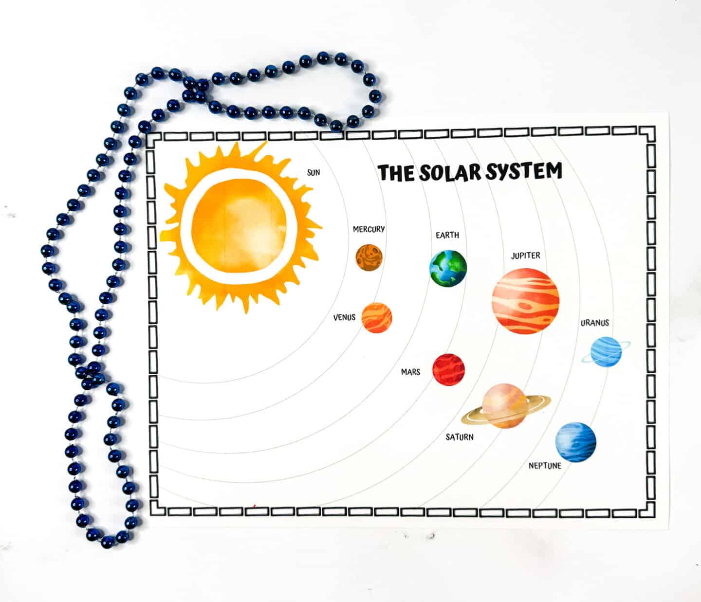 Full-color solar system poster showing the Sun and all eight planets labeled in order from Mercury to Neptune.