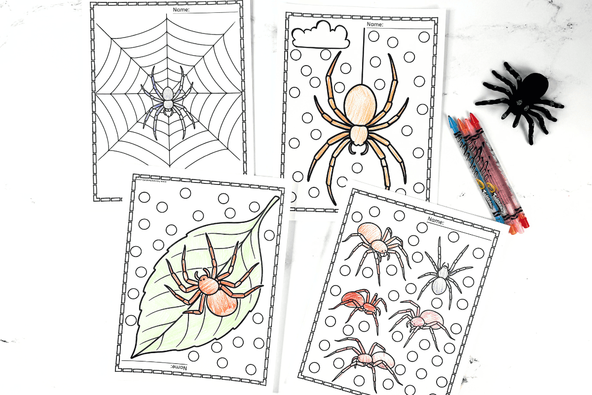 Four spider coloring pages with webs and dot marker designs, surrounded by crayons and a toy spider.