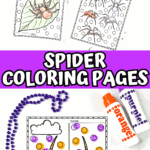A spider coloring page with a large spider and colorful dot marker spots, shown with orange and purple markers.
