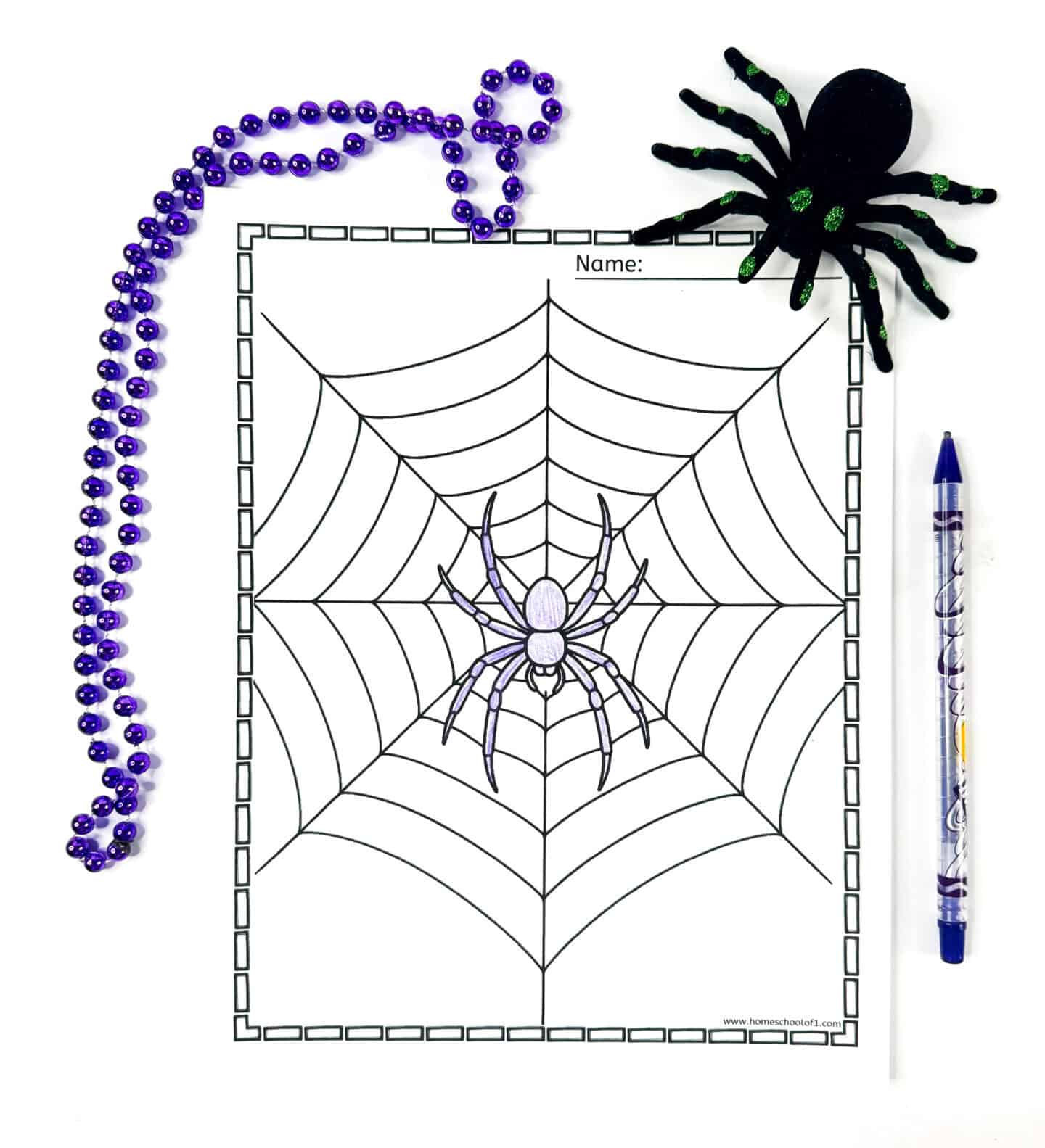 Spider coloring page showing a spider in the center of a web, with a purple bead necklace, toy spider, and pen placed beside it.
