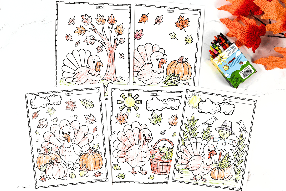 Thanksgiving turkey coloring pages for kids – free printable set with crayons and fall decorations.
