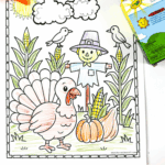 Turkey coloring sheet for kids featuring a scarecrow, pumpkins, corn, and birds – perfect for Thanksgiving activities.