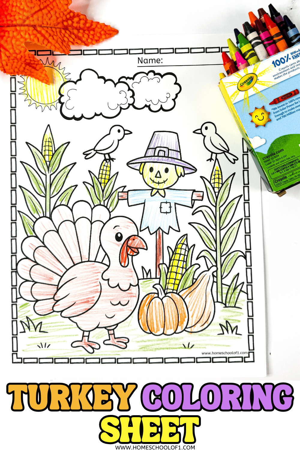 Turkey coloring sheet for kids featuring a scarecrow, pumpkins, corn, and birds – perfect for Thanksgiving activities.