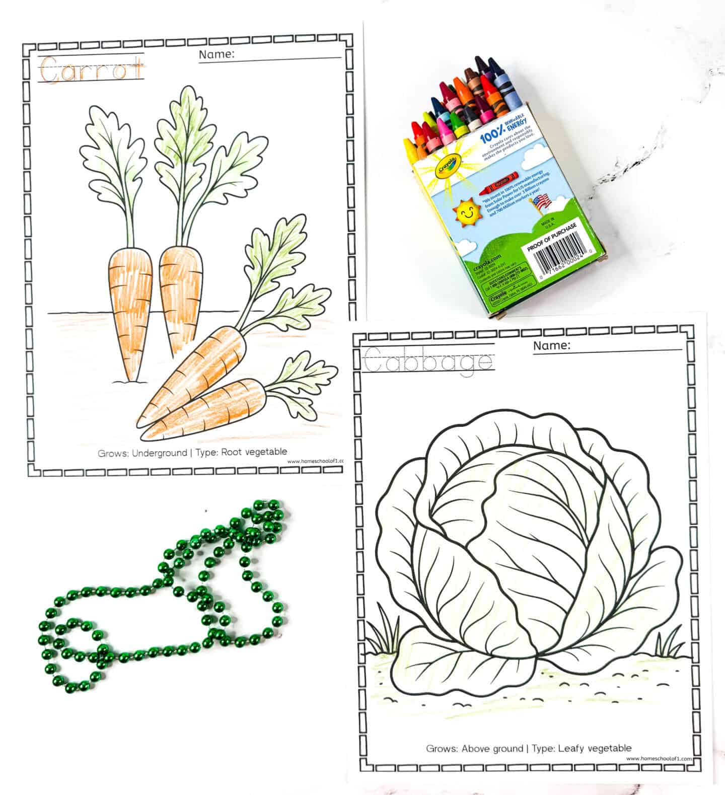 Carrot and cabbage vegetable coloring sheets with colored crayons and green beads.