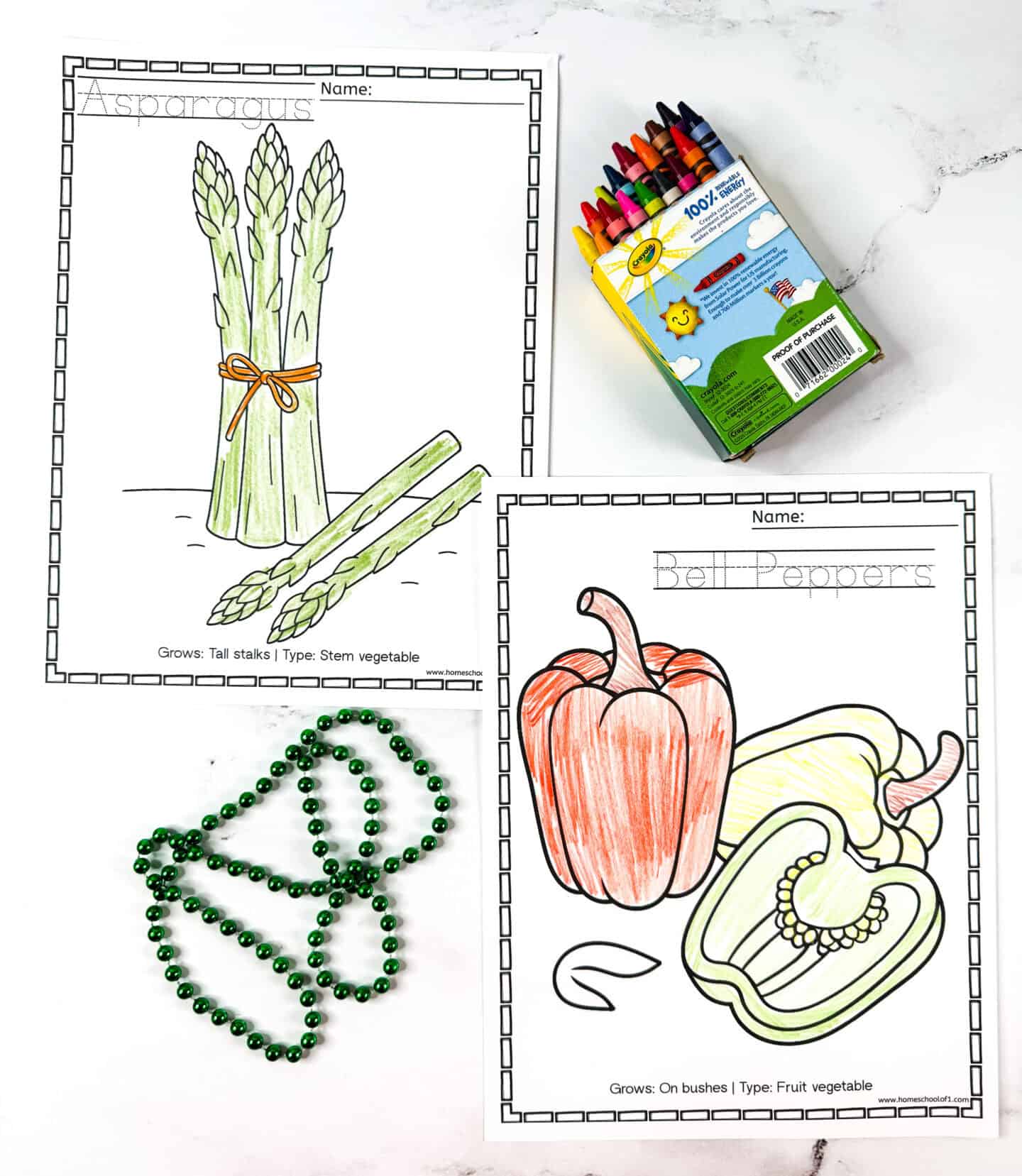 Asparagus and bell pepper coloring pages for kids with red and green coloring.