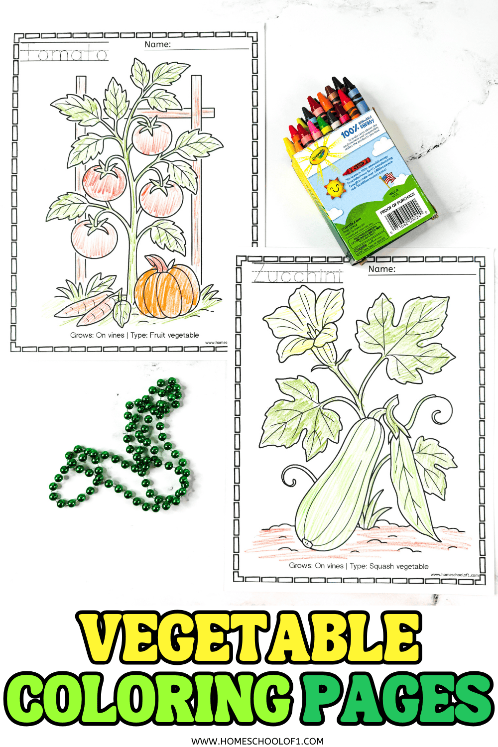 Vegetable coloring pages for kids featuring tomato and zucchini, colored with crayons.