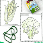 Corn and broccoli vegetable coloring sheets with a crayon box and green beads.