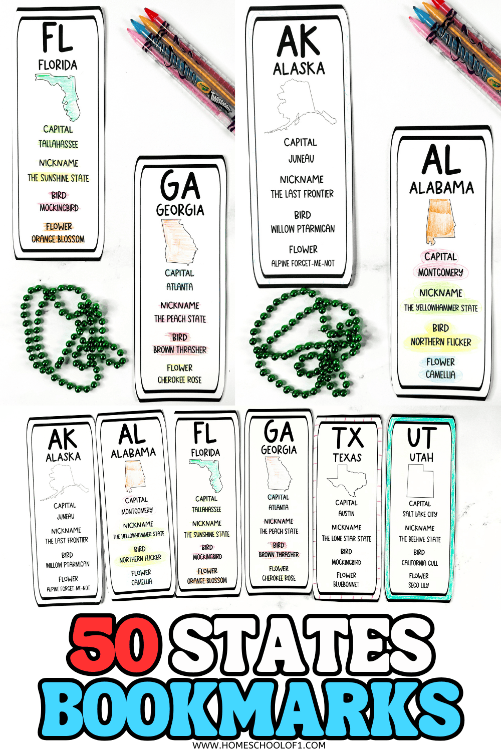 Colorful state bookmarks for Florida, Georgia, Alaska, and Alabama. Each shows state facts with added color and Crayola pencils nearby.