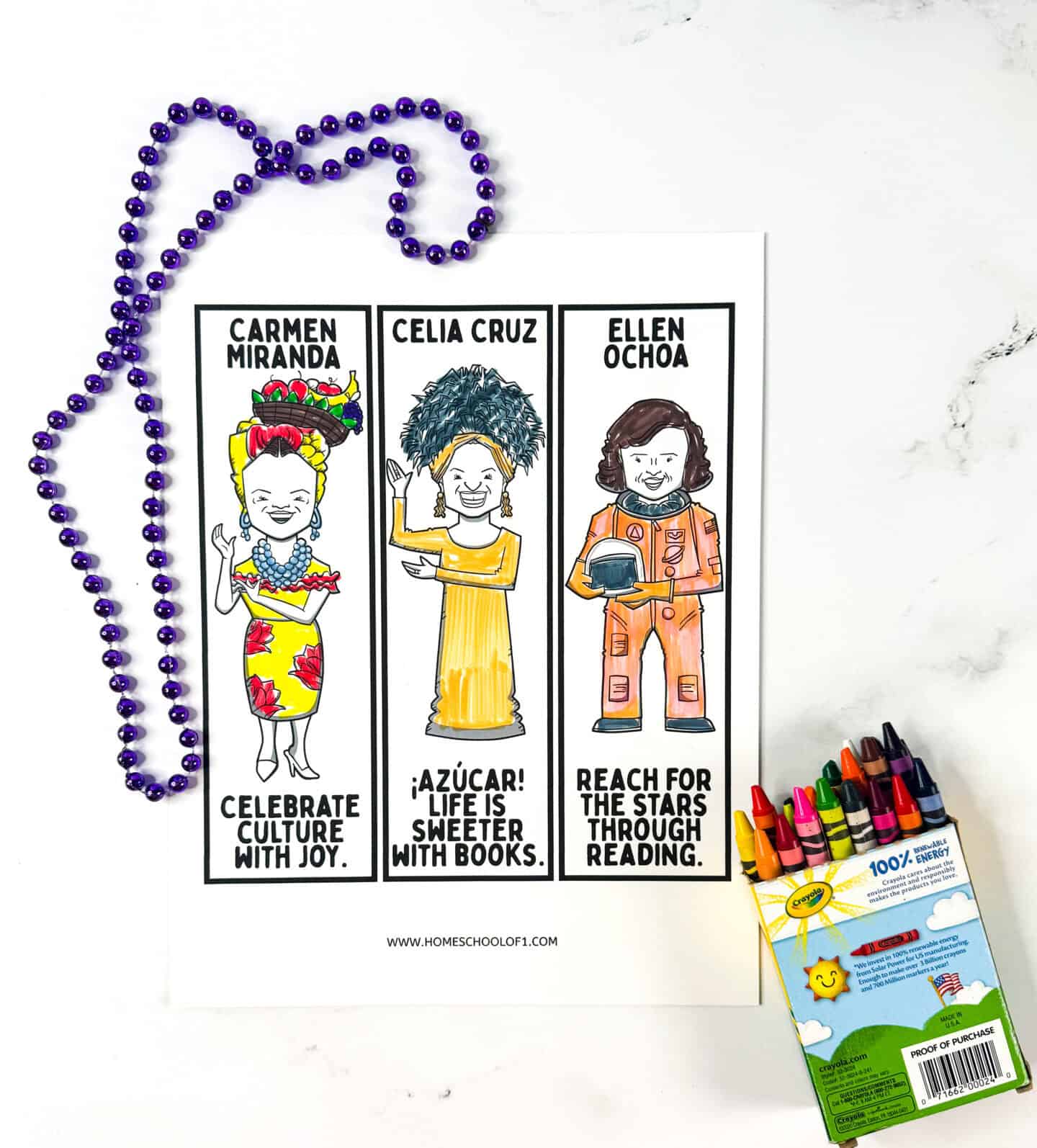 Printed Hispanic Heritage bookmarks on a single page featuring Carmen Miranda, Celia Cruz, and Ellen Ochoa.