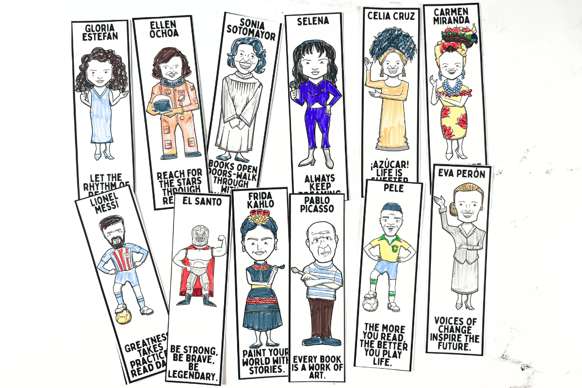 Free Hispanic Heritage Month bookmarks printed and placed inside books, crayons and books shown around them.