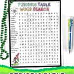 Free printable Periodic Table Word Search puzzle with colorful heading and science terms list, great for homeschool or classroom activities.