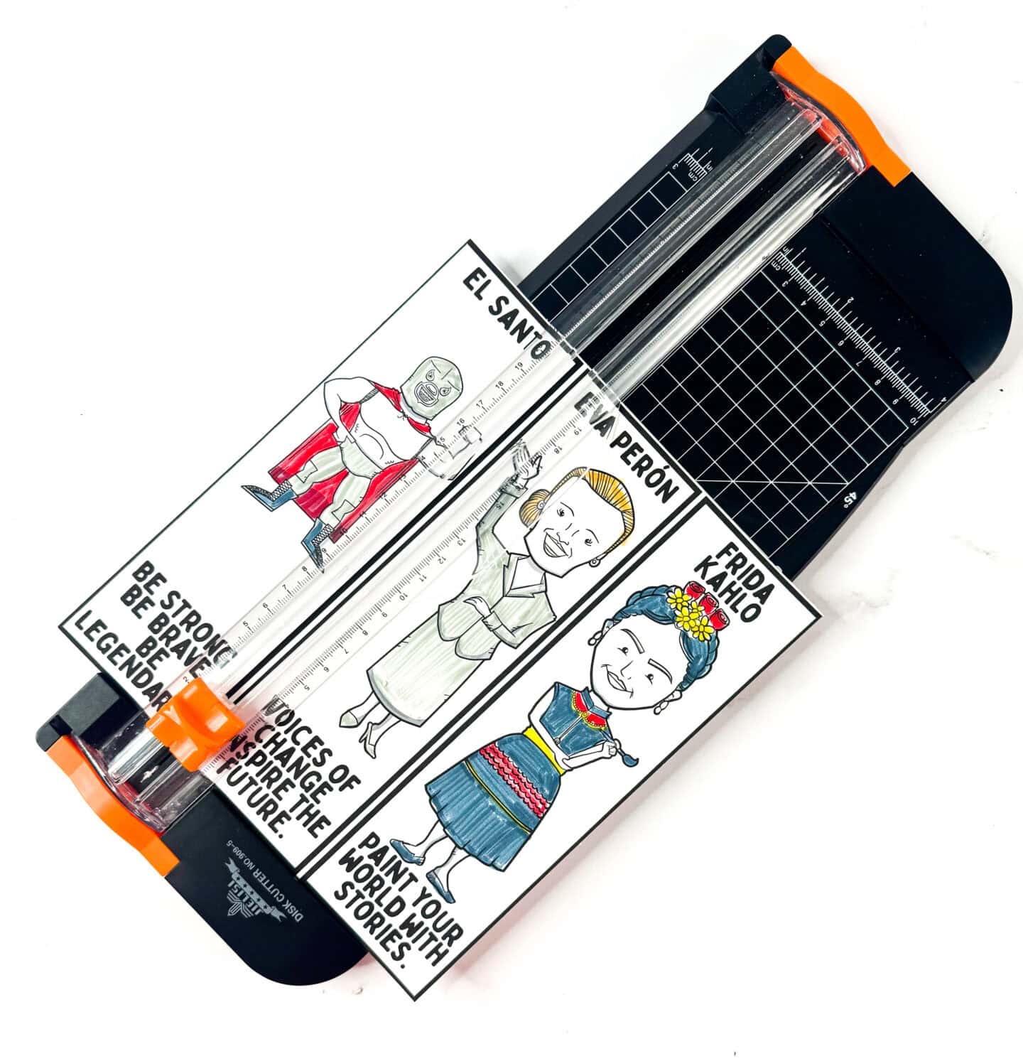 Bookmarks featuring Hispanic leaders on a paper trimmer, perfect for cutting and coloring during Hispanic Heritage Month.