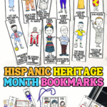 Printable Hispanic Heritage Month bookmarks featuring full-body cartoon illustrations of famous Hispanic figures like Frida Kahlo, Lionel Messi, and Celia Cruz.