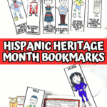 Printable bookmarks featuring Hispanic icons like Ellen Ochoa, Eva Perón, and Pele, ideal for Hispanic Heritage Month.