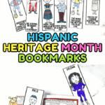 Black-and-white printable bookmarks of Hispanic heritage leaders, designed for kids to color and use during Hispanic Heritage Month.