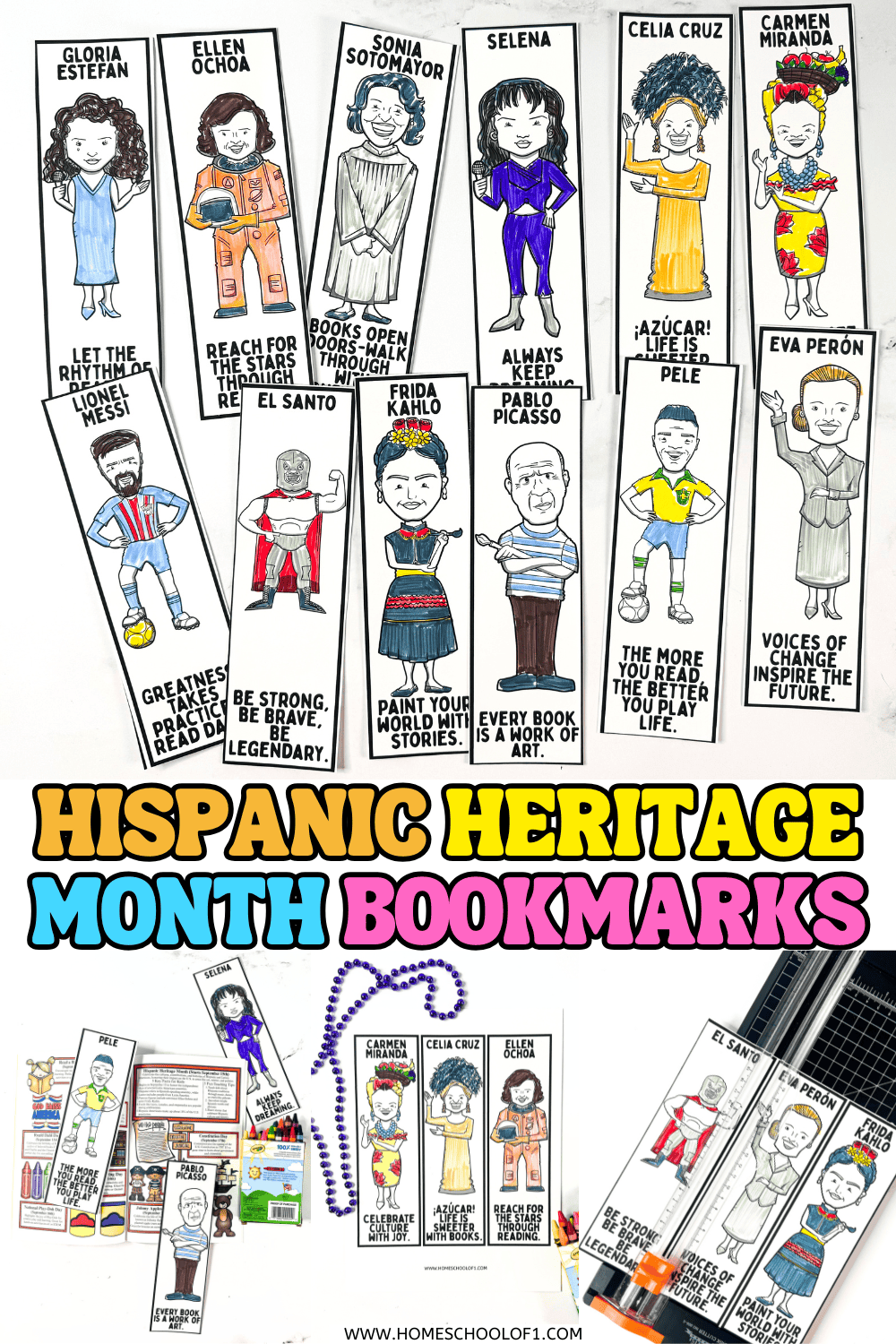 Printable Hispanic Heritage Month bookmarks featuring full-body cartoon illustrations of famous Hispanic figures like Frida Kahlo, Lionel Messi, and Celia Cruz.