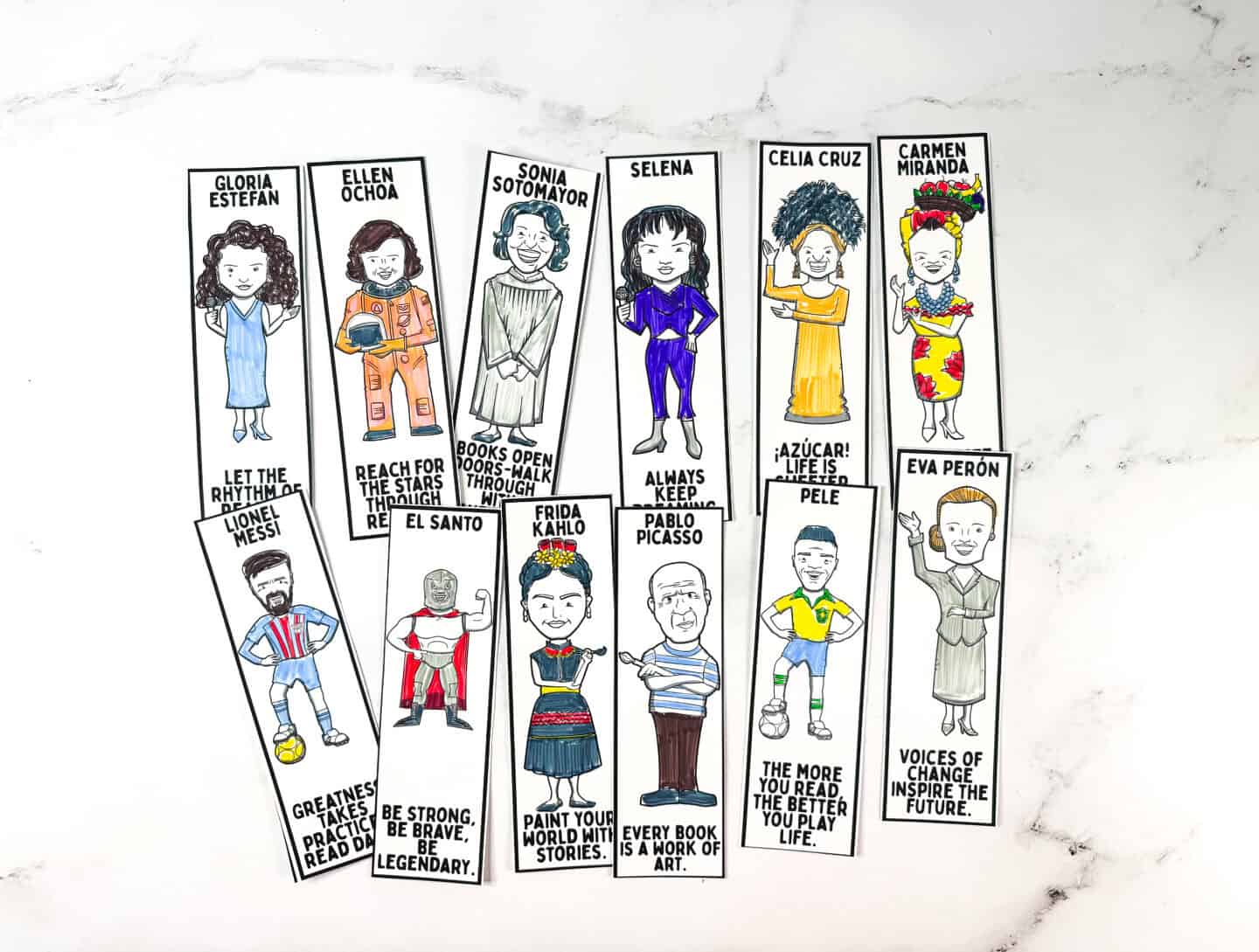 Bookmarks featuring Hispanic leaders on a paper trimmer, perfect for cutting and coloring during Hispanic Heritage Month.