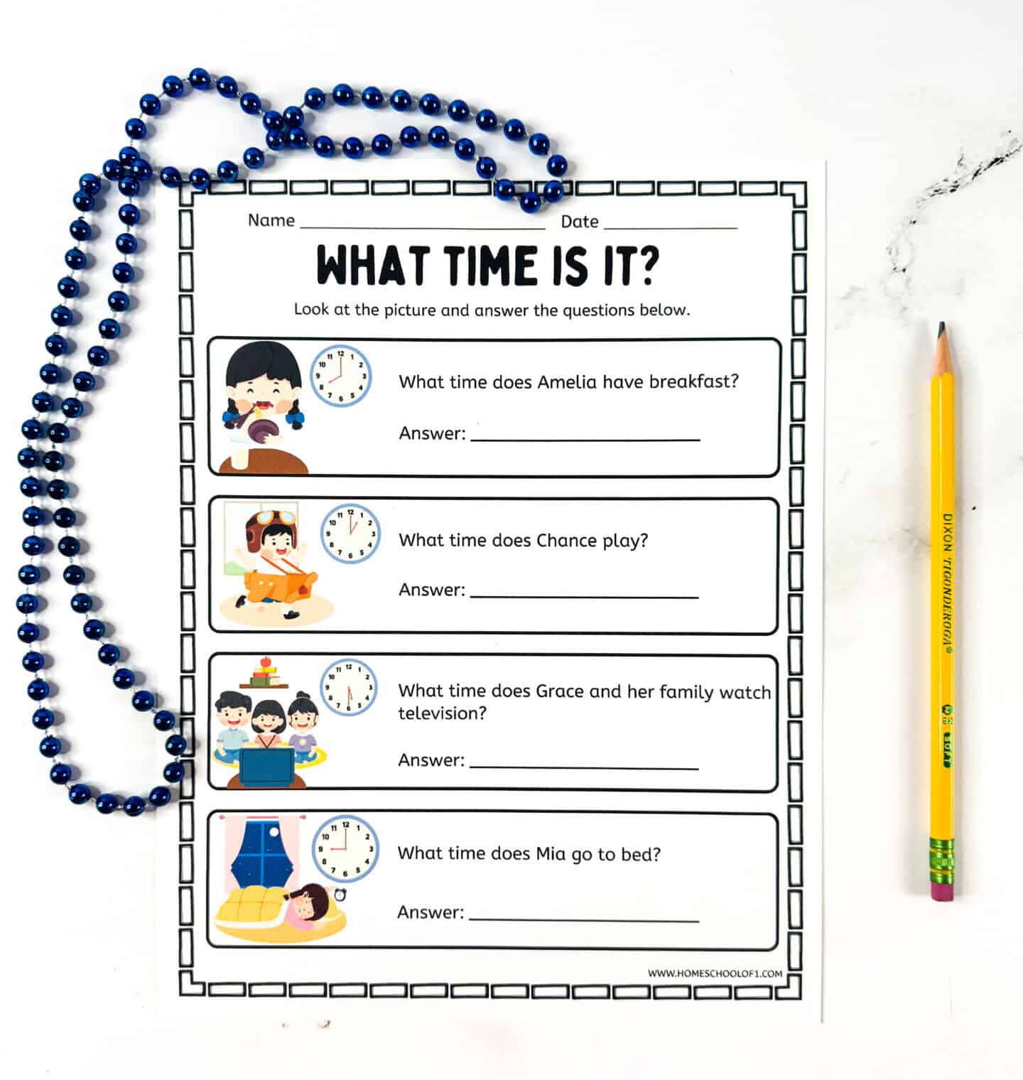 “What time is it?” worksheet with illustrated daily routines for kids to match clock times with activities like breakfast and bedtime.