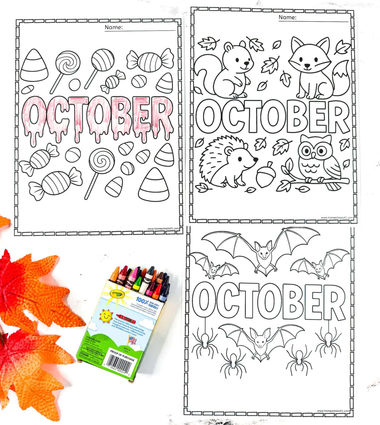 October coloring sheets with candy corn, lollipops, woodland animals, owls, bats, and spiders.