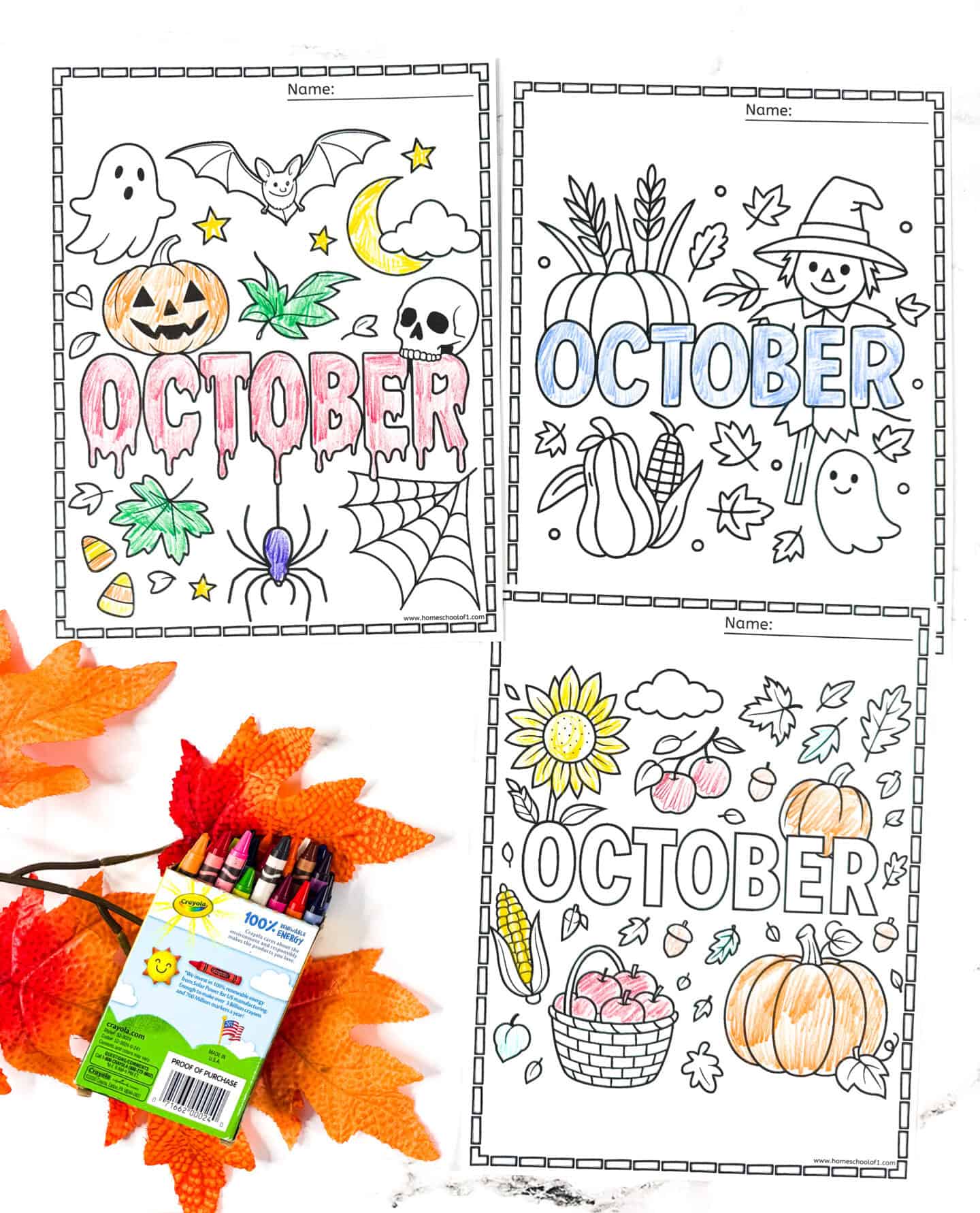 October color pages featuring ghosts, bats, pumpkins, spiderwebs, scarecrow, and fall harvest basket.