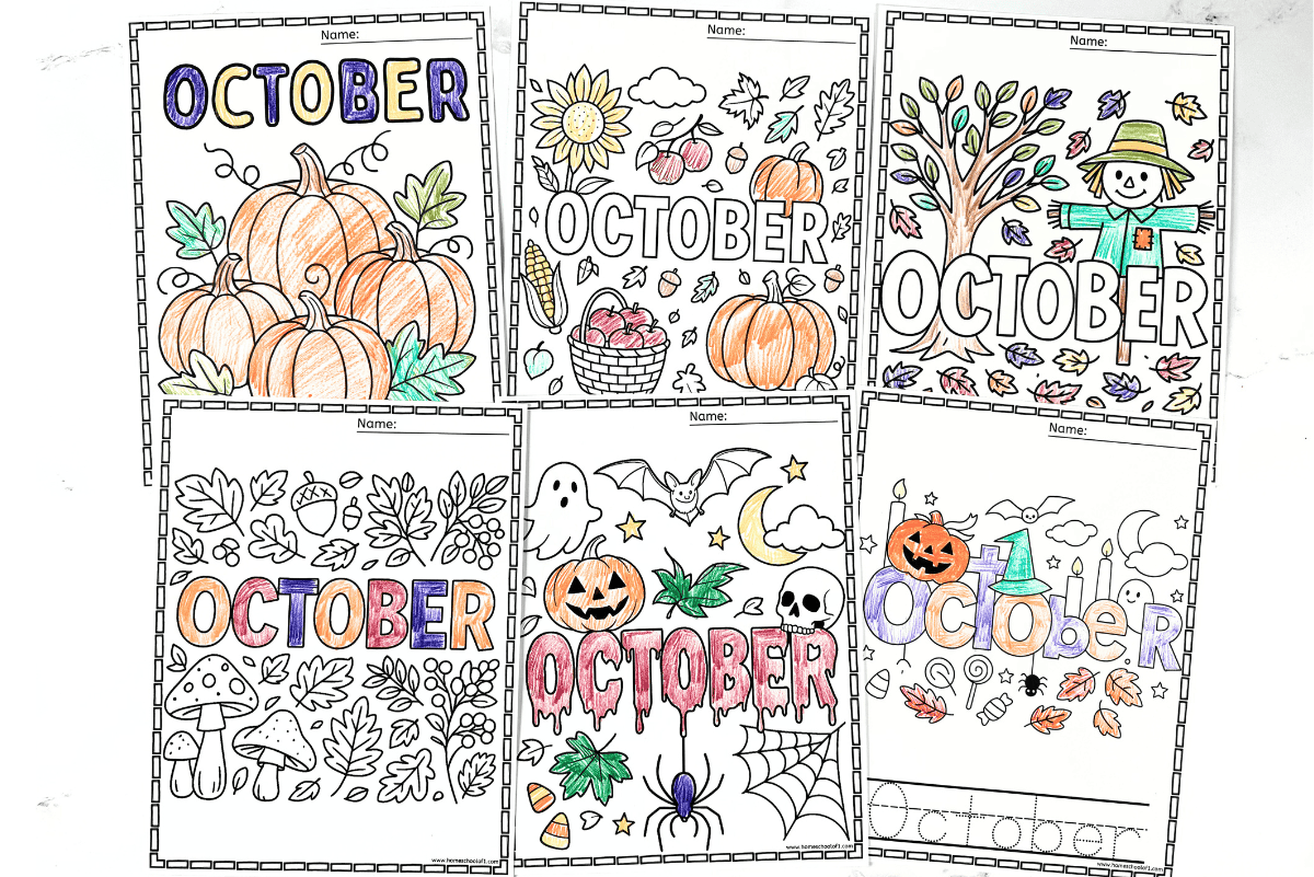 Free printable October color pages showing pumpkins, leaves, ghosts, bats, and seasonal doodles.