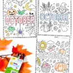 Free October color sheets for kids featuring pumpkins, ghosts, bats, spiderwebs, candy, and scarecrow designs.