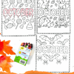 Free printable October coloring sheets with candy, woodland animals, owls, bats, and spiders.