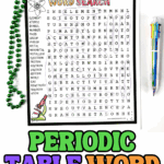 Printable Periodic Table Word Search worksheet with 20 chemistry terms circled, including element, isotope, and proton. Perfect for kids learning science vocabulary.