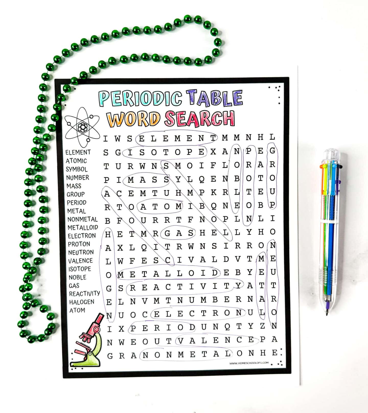 Completed Periodic Table Word Search worksheet with chemistry vocabulary words like element, isotope, and electron circled. A printable science activity for kids.