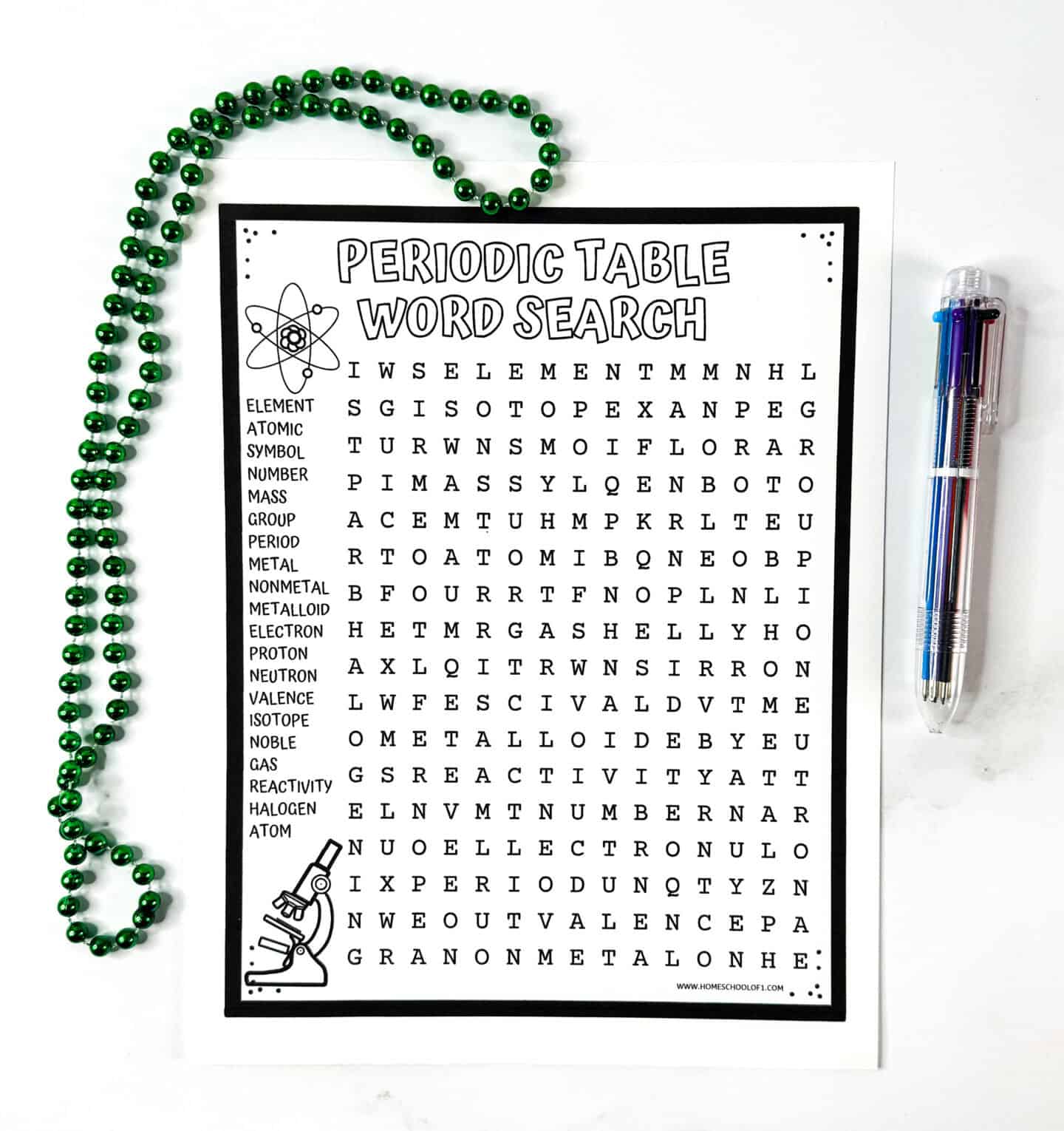 Blank Periodic Table Word Search puzzle printable with a list of 20 chemistry terms, including atom, proton, neutron, and valence.