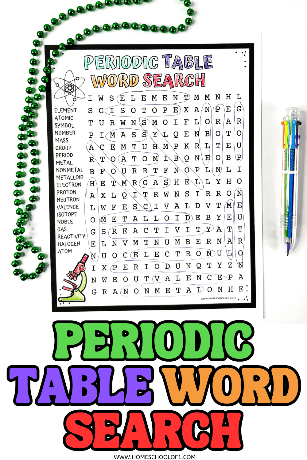 Printable Periodic Table Word Search worksheet with 20 chemistry terms circled, including element, isotope, and proton. Perfect for kids learning science vocabulary.