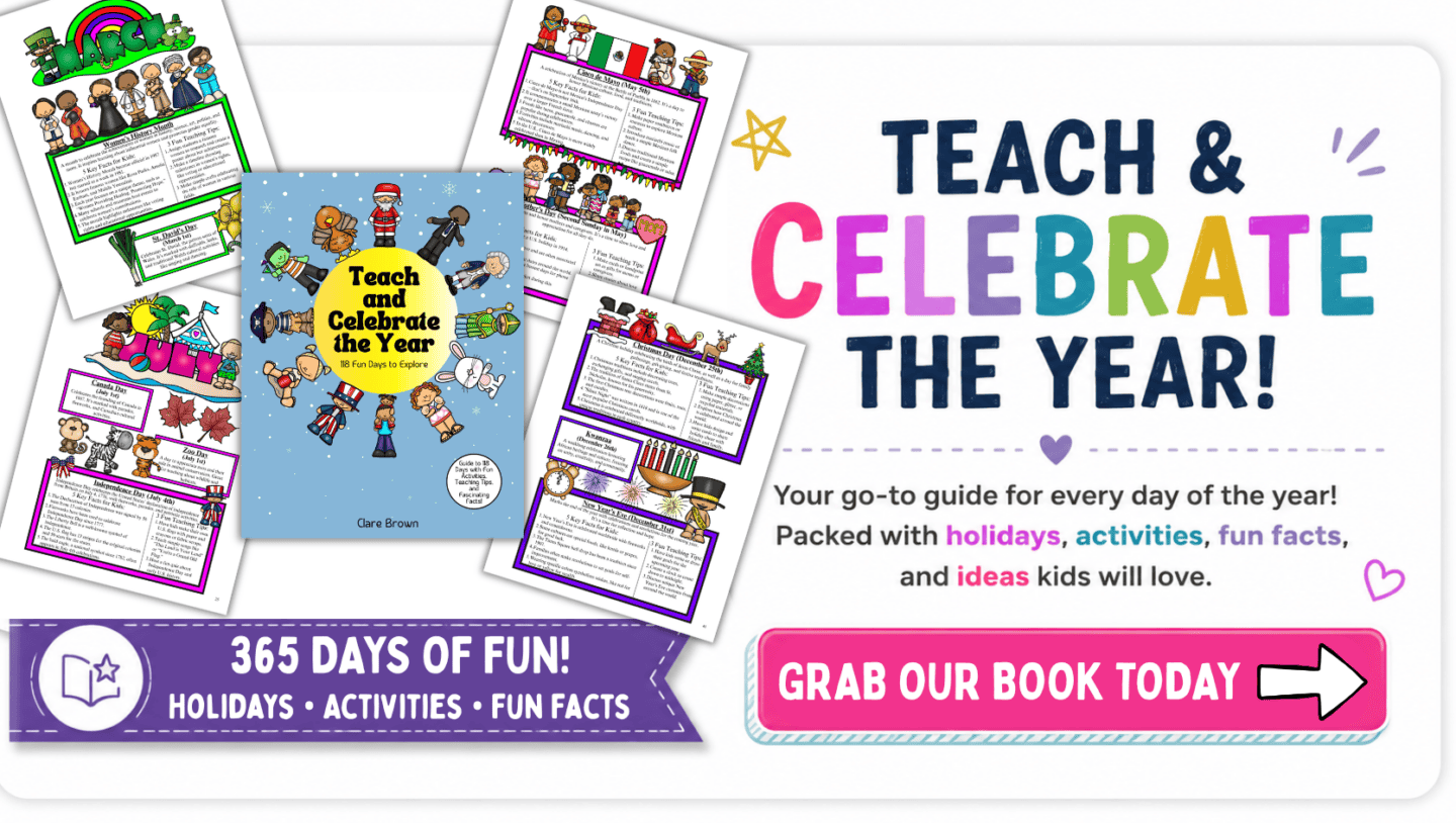 Teach and Celebrate the Year workbook banner featuring holiday activity pages, multicultural celebrations, fun facts, and classroom learning ideas for kids