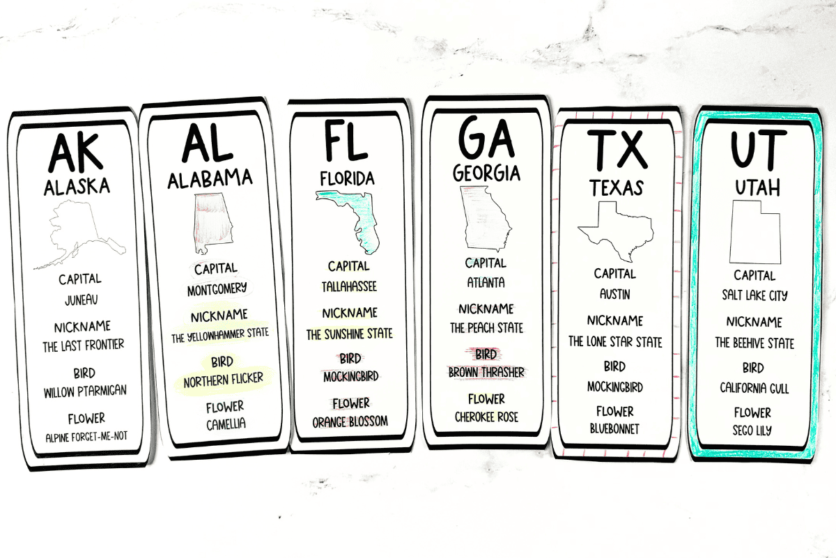 Row of five printable state bookmarks for kids: Alabama, Florida, Georgia, Texas, and Utah. Features hand-colored state outlines.
